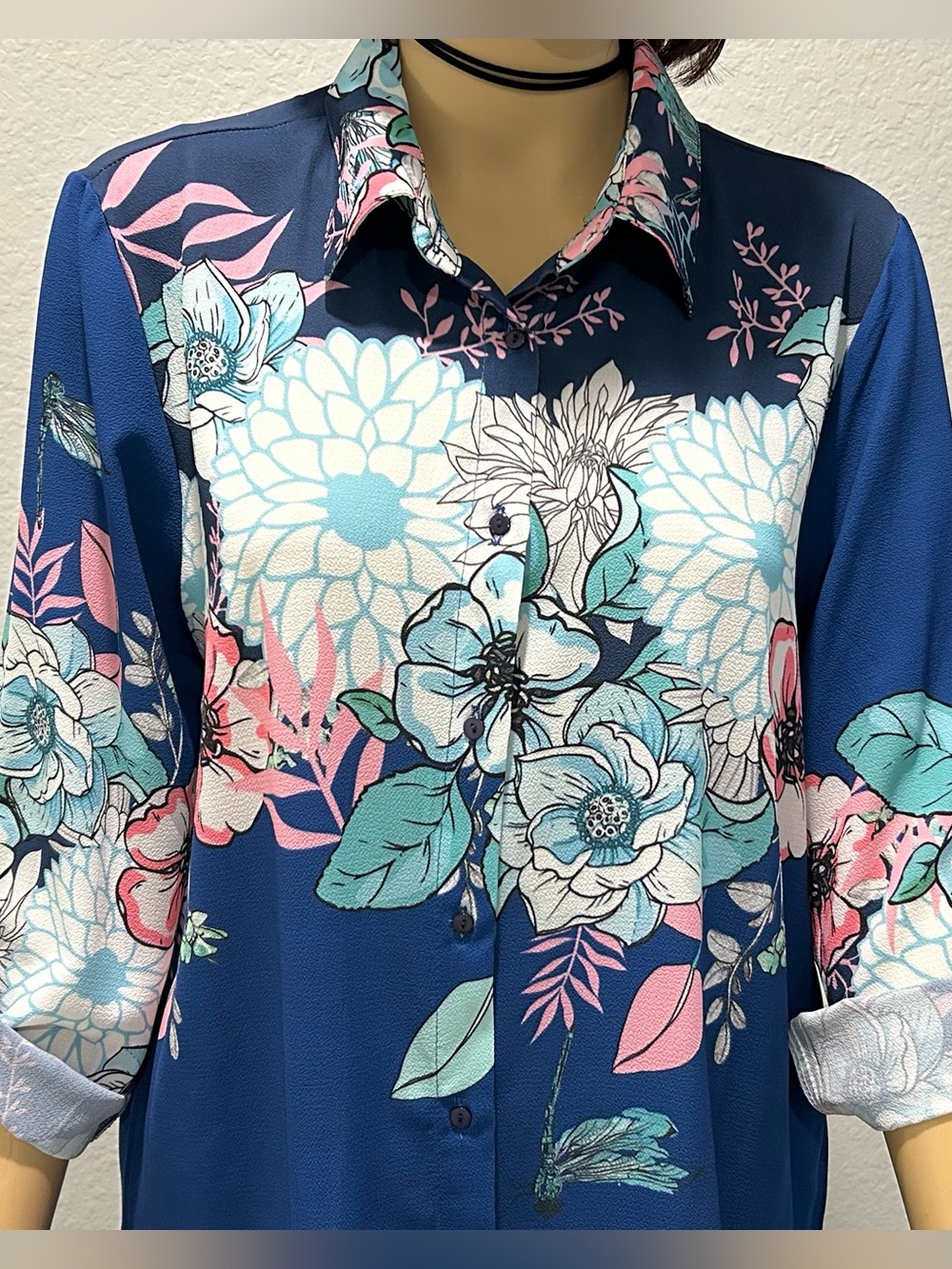Women's Navy Blue Floral Button-Down Shirt